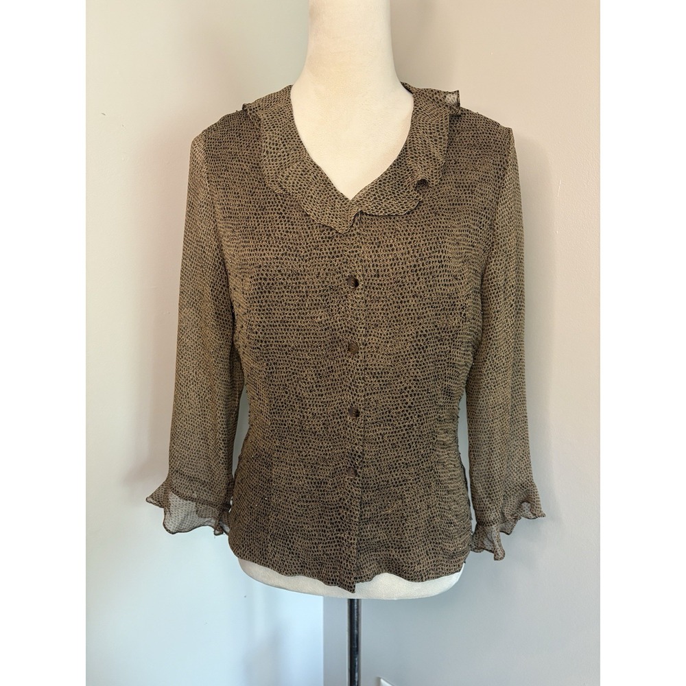 VTG ECI New York Blouse Y2K Silk Beaded Brown Black Office Siren Fairy Medium